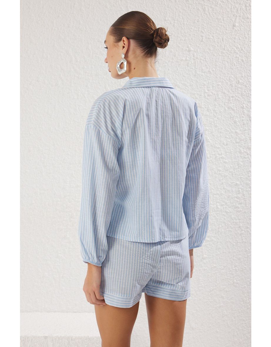 Striped Weaving 100% Cotton Shirt Shorts Beach Set - 3