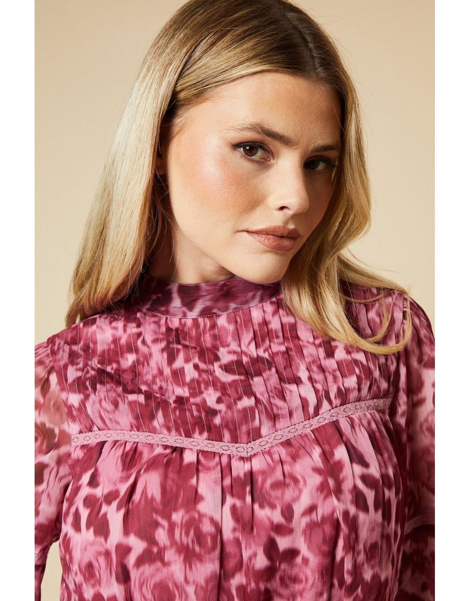 Pink Floral Pleated Yoke Chiffon Long Sleeve Blouse - 3