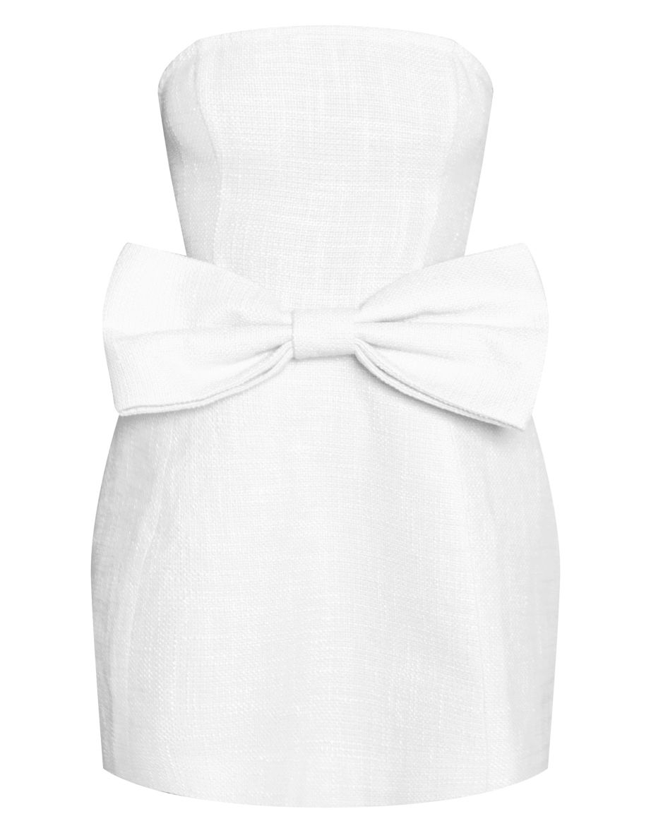 White Boucle Bandeau Puffball Bow Front Mini Dress - 4