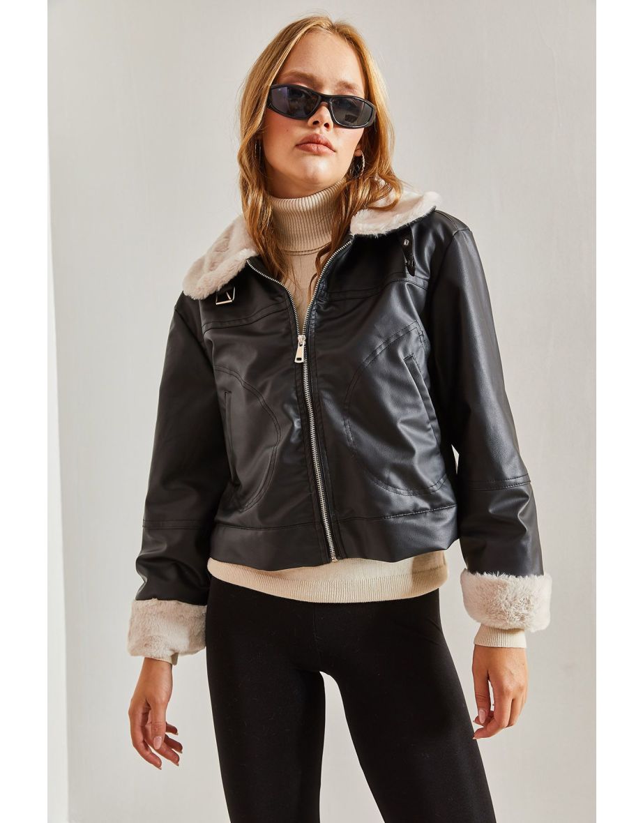 Women's Fur Lined Leather jacket with Buckled Collar - 7