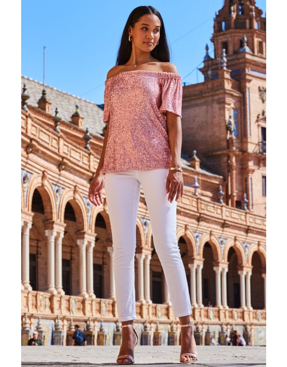 Pink Sequin Bardot Short Sleeve Top