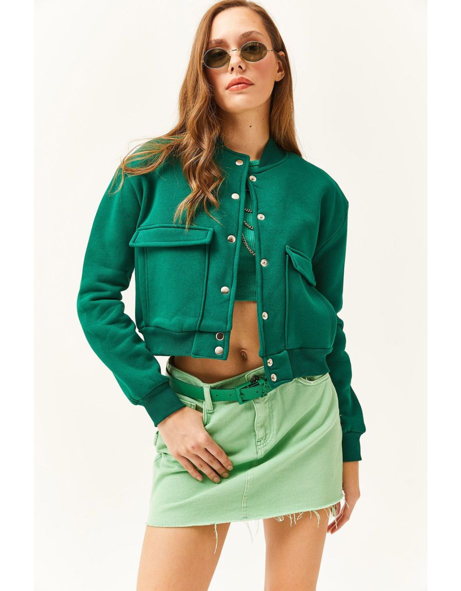 Women's Emerald Green Pocket Snap Closure Fleece Crop Jacket