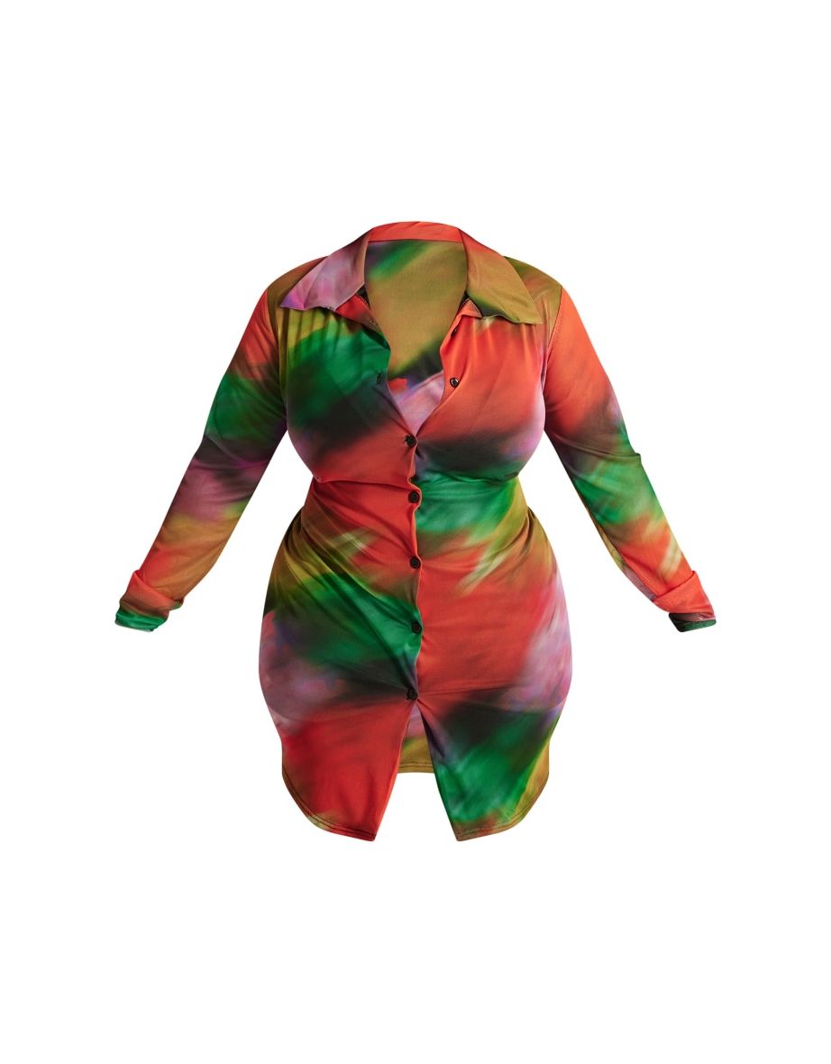 Plus Multi Printed Mesh Button Down Shirt Dress - 4