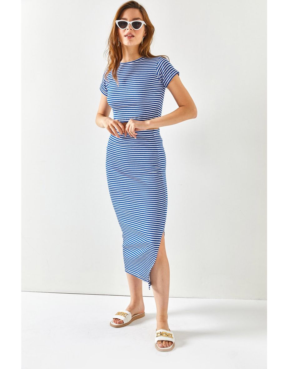 Women's Striped Saxe Blue Short Sleeve Slit Skirted Lycra Suit