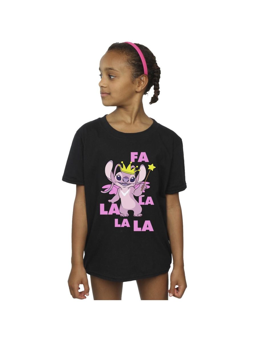 Disney Girls Lilo & Stitch Angel Fa La La Cotton T-Shirt - Black