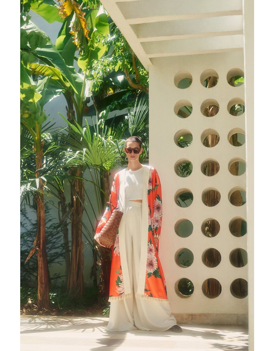 FLORAL PATTERNED FRINGE DETAILED KIMONO