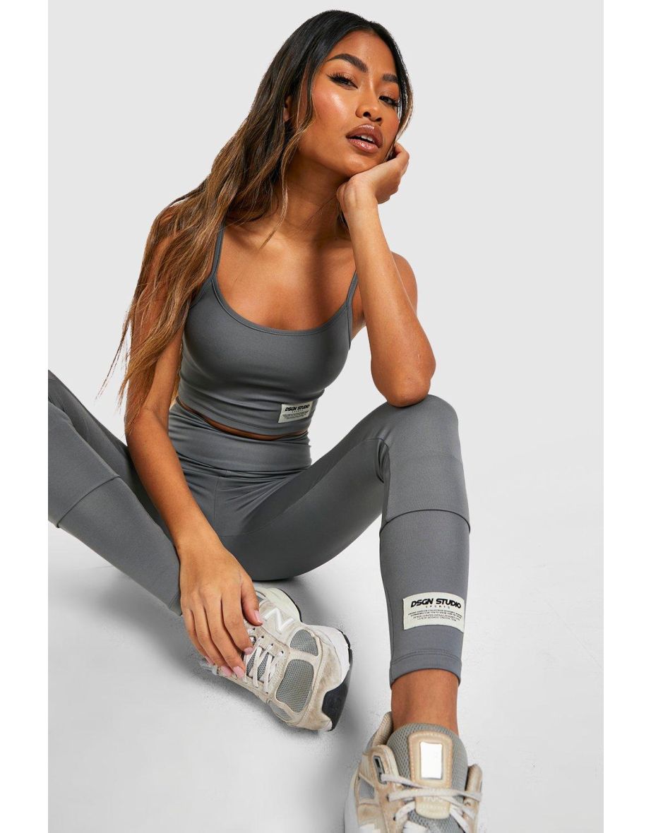 Woven Label Detail Active Leggings - charcoal