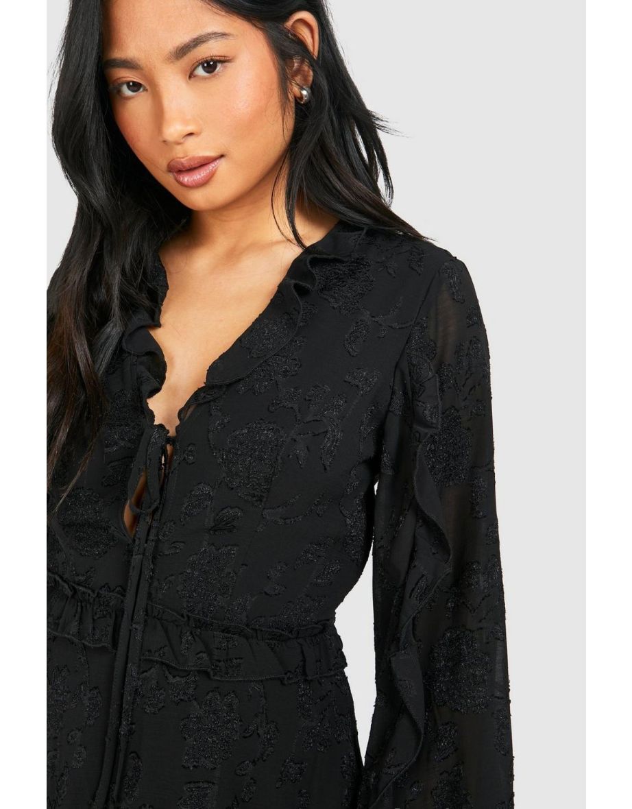 Petite Floral Jaquard Ruffle Mini Dress - black - 3