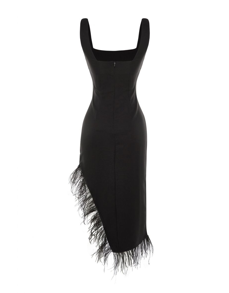 Black Column Midi Shift Dress with Fringes - 7