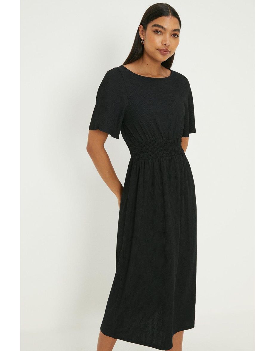 Black Shirred Waist Short Sleeve Midi Dress - 3