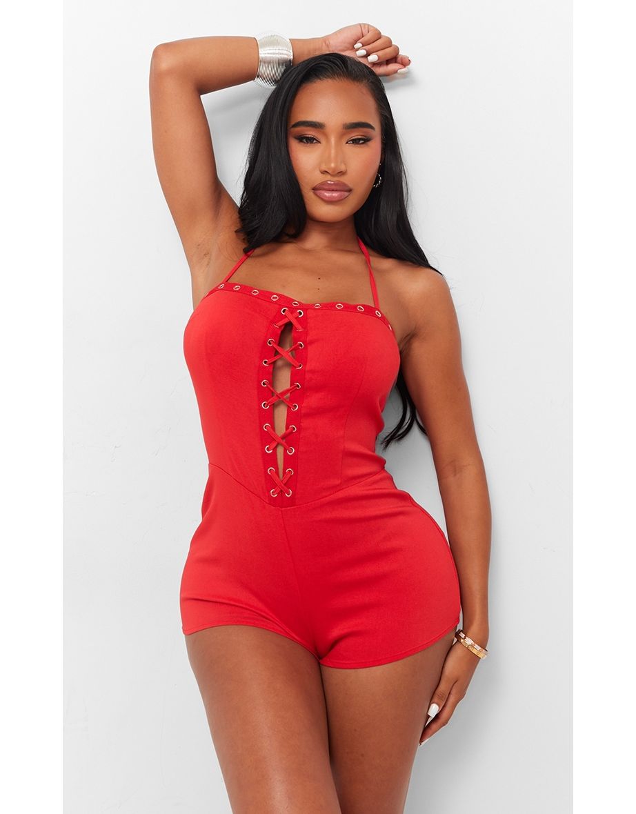 Shape Bright Red Woven Lace Up Unitard