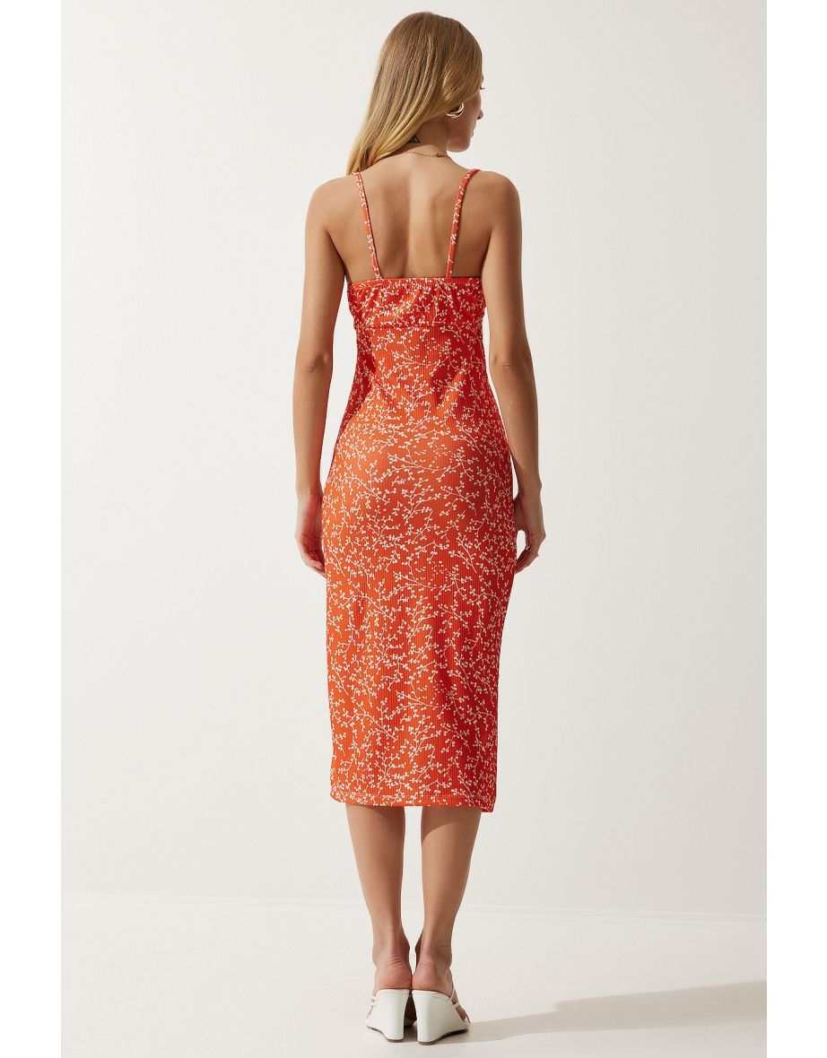 Happiness İStanbul Orange Floral Bodycon Midi Dress - 5