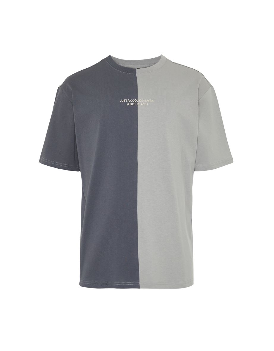 Anthracite Men's Oversize Color Blocked 100% Cotton Embroidered T-Shirt