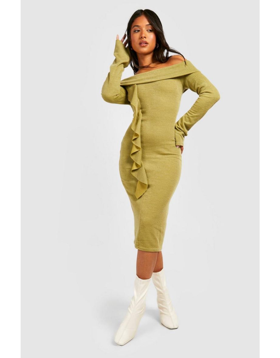Petite Bardot Ruffle Long Sleeve Midi Dress - olive