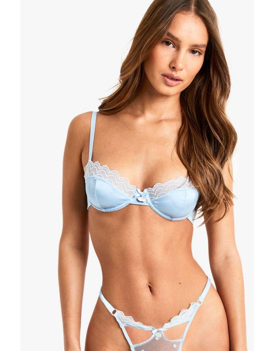 Valentines Cloud Trim Satin Bra - baby blue