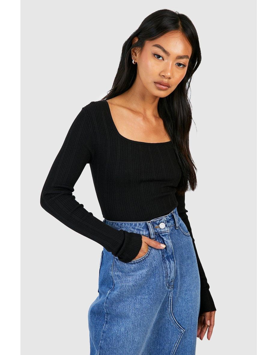 Mixed Rib Square Neck Knitted Top - black