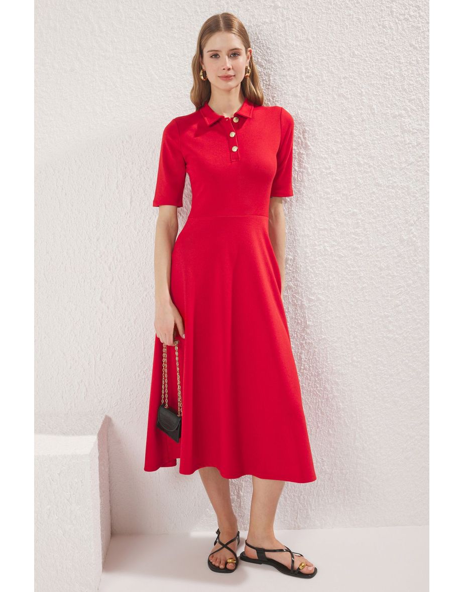 Red Buttoned Collar Three Quarter Sleeve Skater/Waist Open Midi Knit Dress