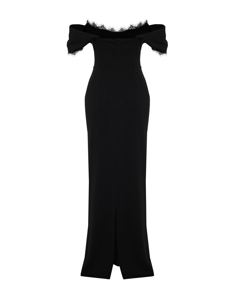 X Zeynep Tosun Black Fitted Knitted Carmen Collar Lace Long Evening Evening Dress - 7