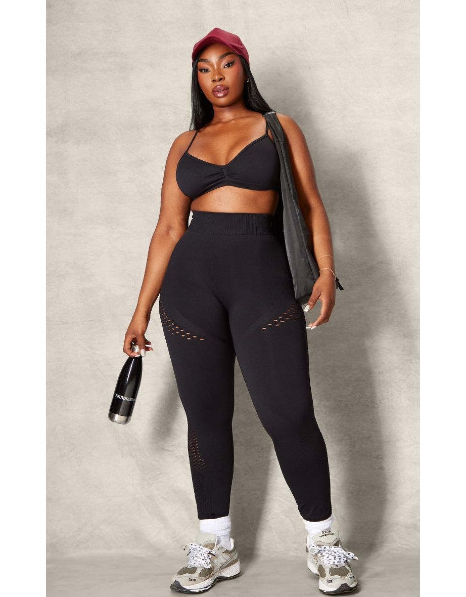 PLT SPORT Plus Black Seamless Distressed Panel Leggings