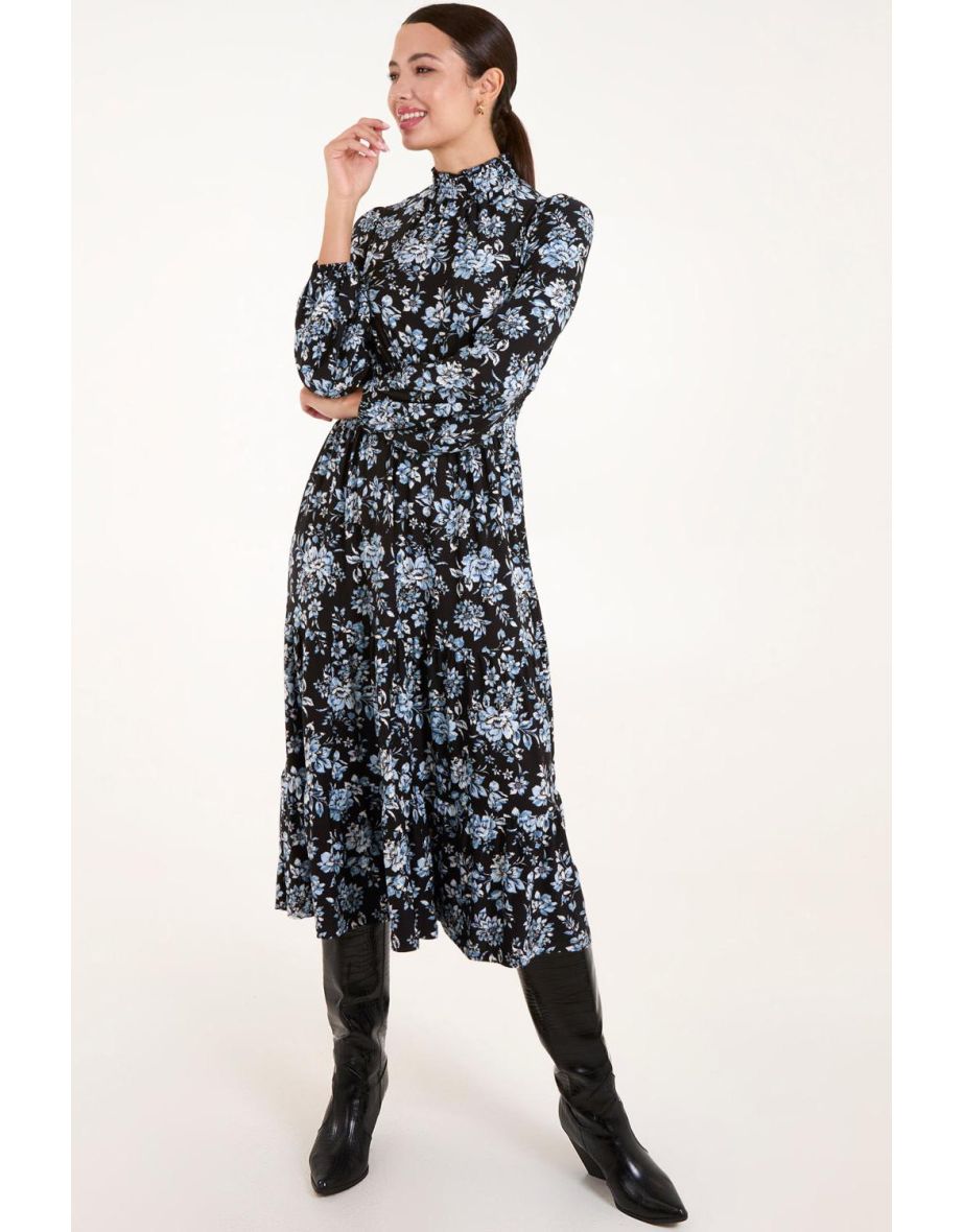 High Neck Shirred Floral Midi Dress