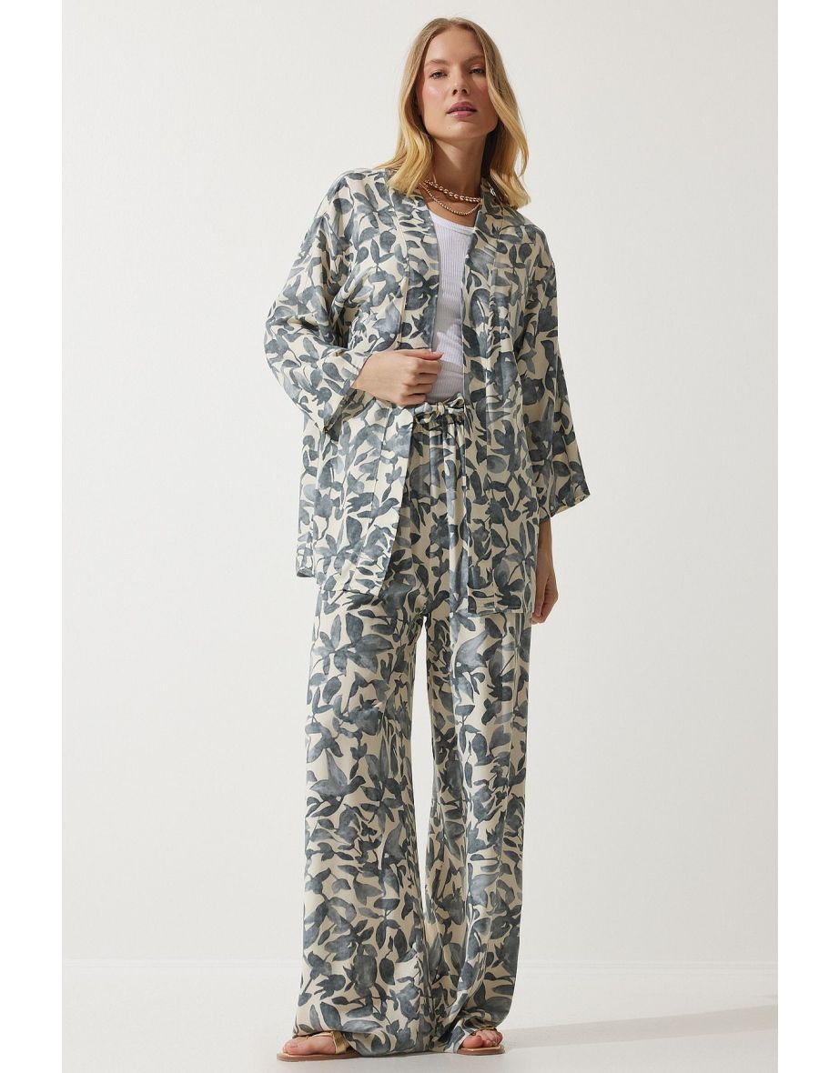 Women's Bone Gray Patterned Kimono Palazzo Trousers Set - 10