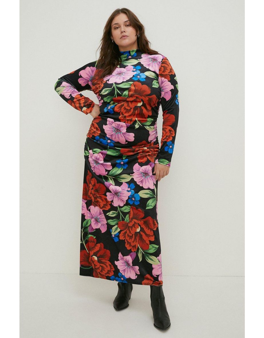Plus Size Floral Velvet Funnel Neck Ruched Side Midi Dress