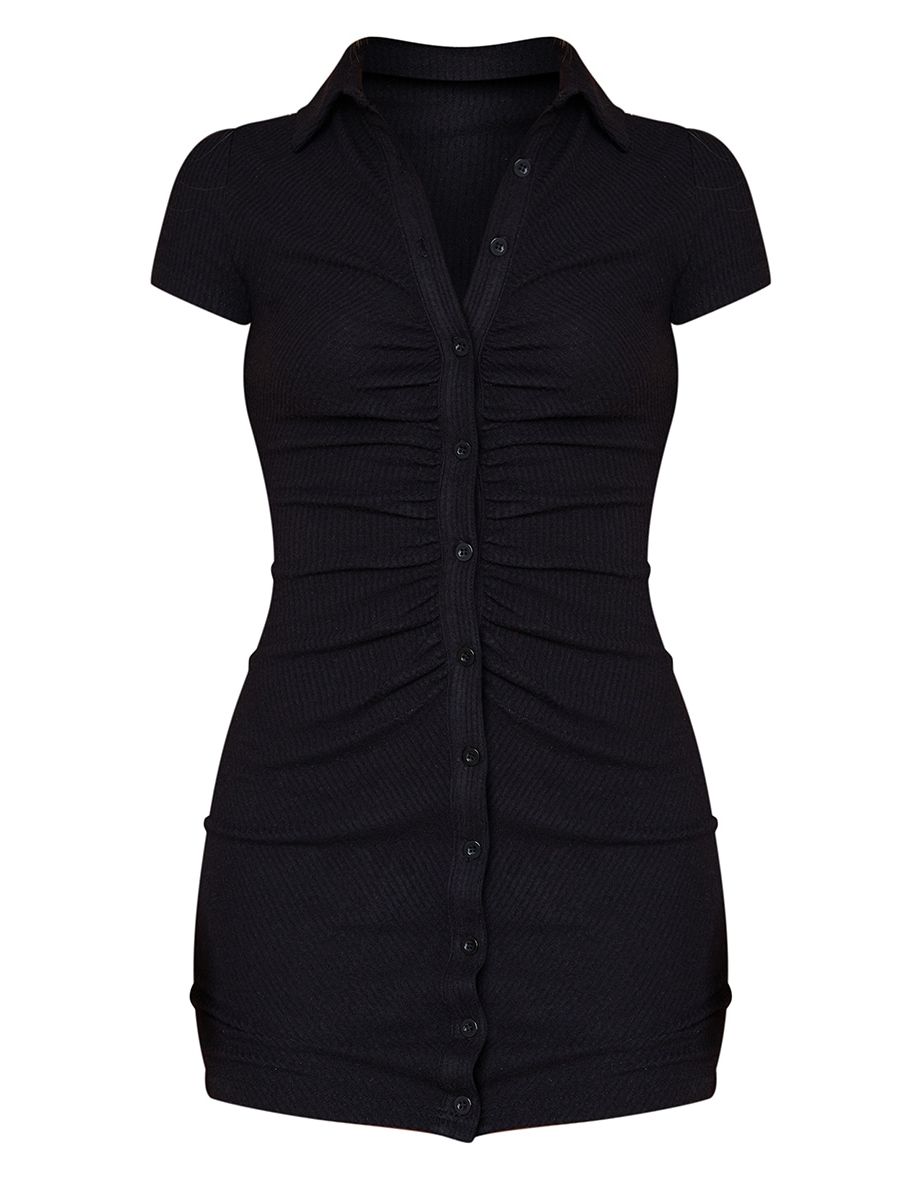 Black Short Sleeve Ruched Brushed Rib Shirt Dress - 4