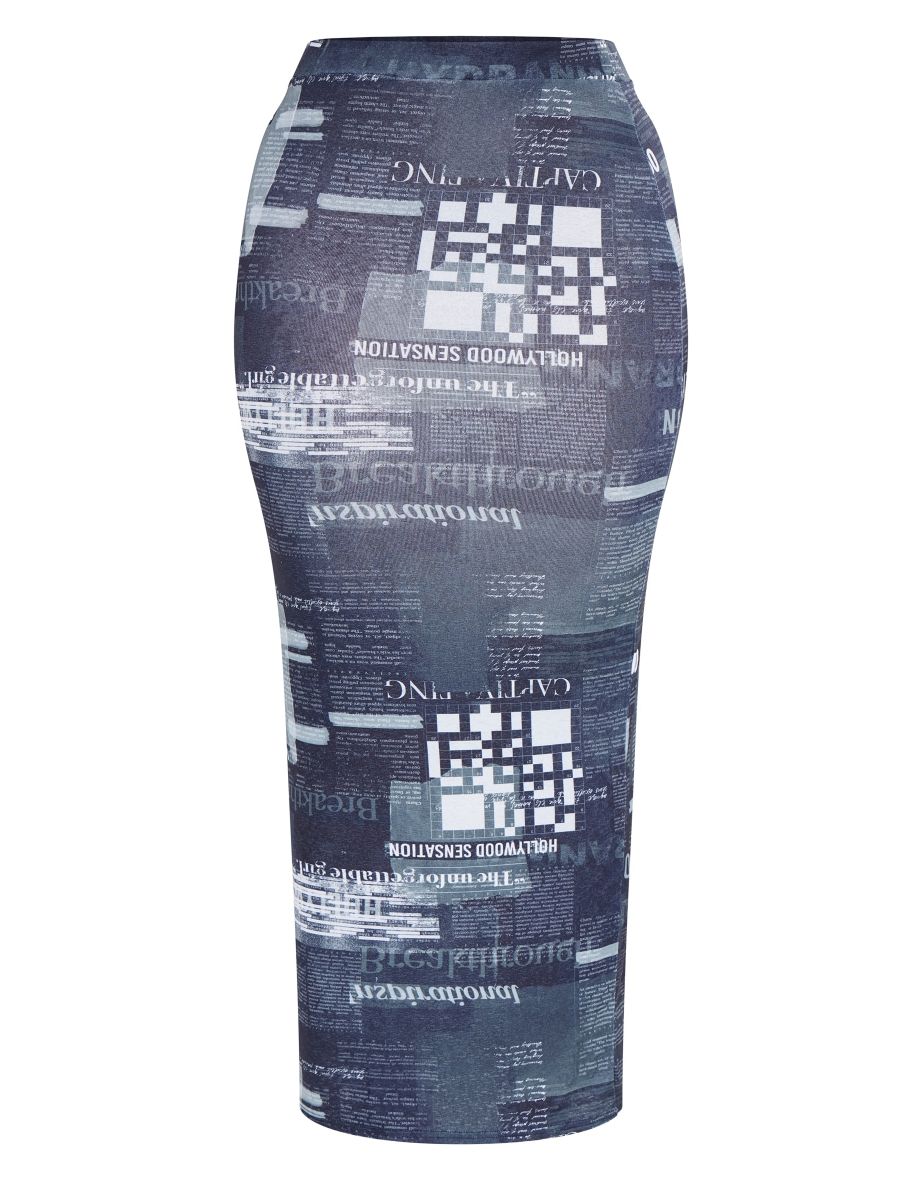 Shape Black Sheer Mesh Newspaper Printed Maxi Skirt - 4