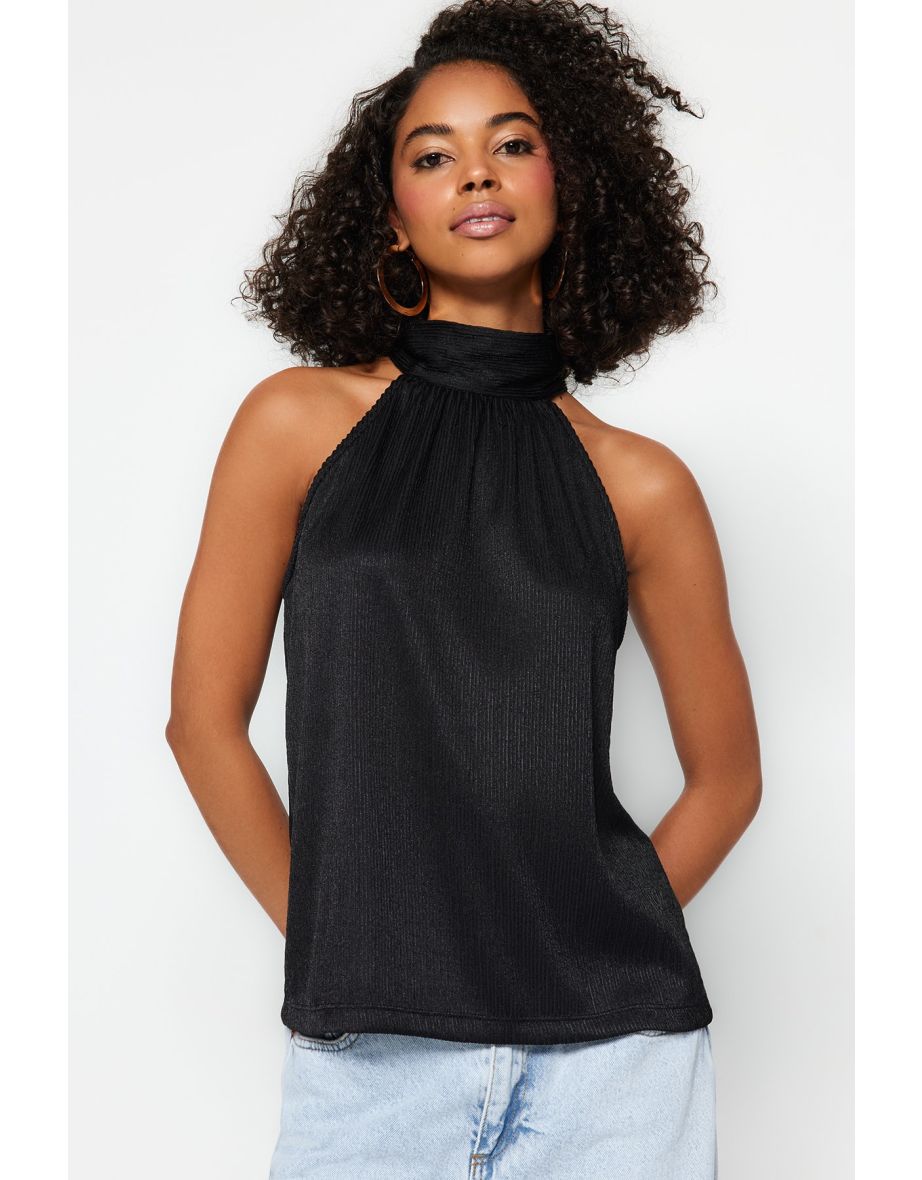 Black Stand Up Collar Pleated Knitted Blouse
