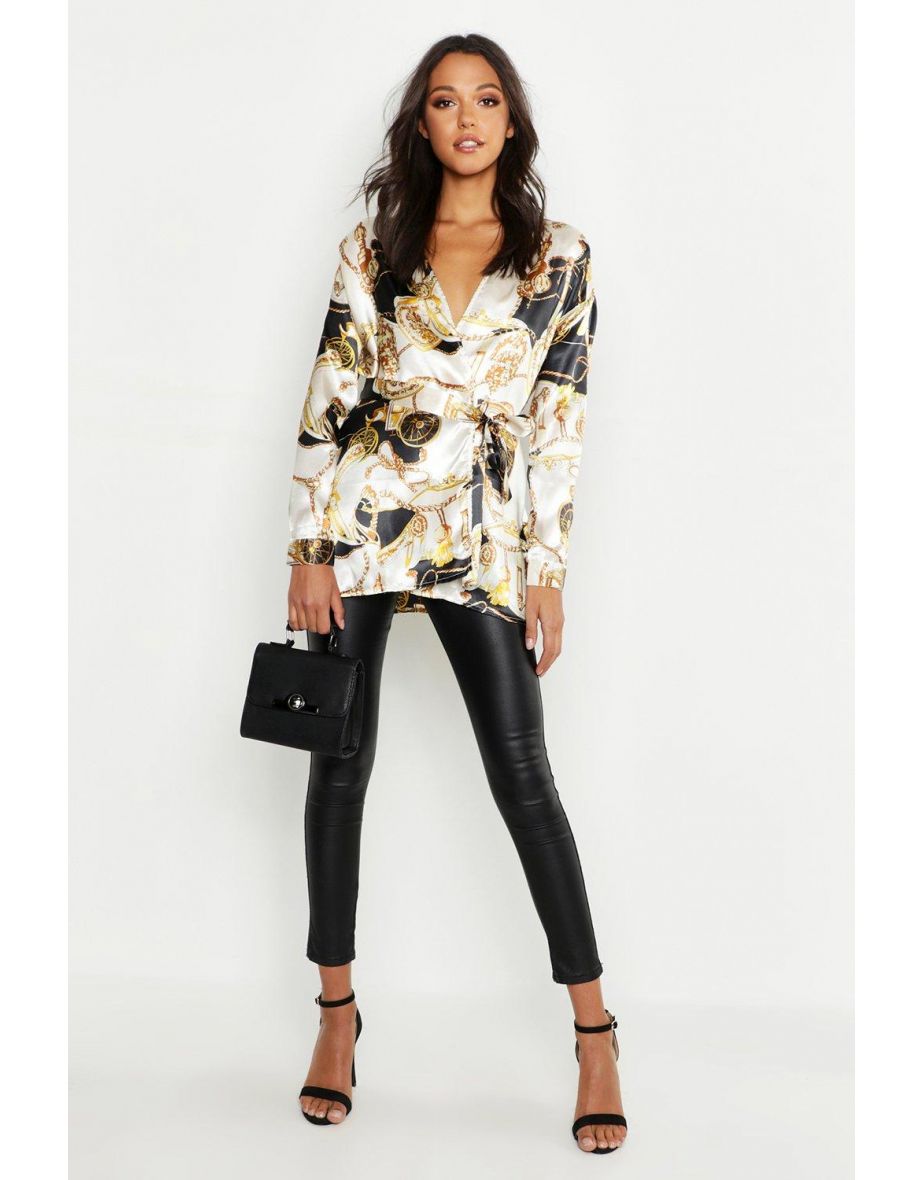 Tall Satin Chain Print Wrap Shirt - ivory