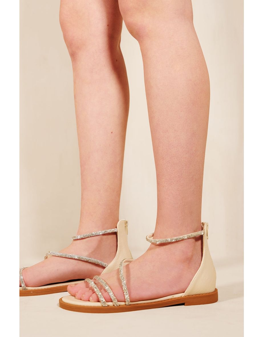 PALMIRA FLATFORM STRAPPY SANDALS WITH DIAMANTE DETAIL IN IVORY CREAM FAUX LEATHER - 1