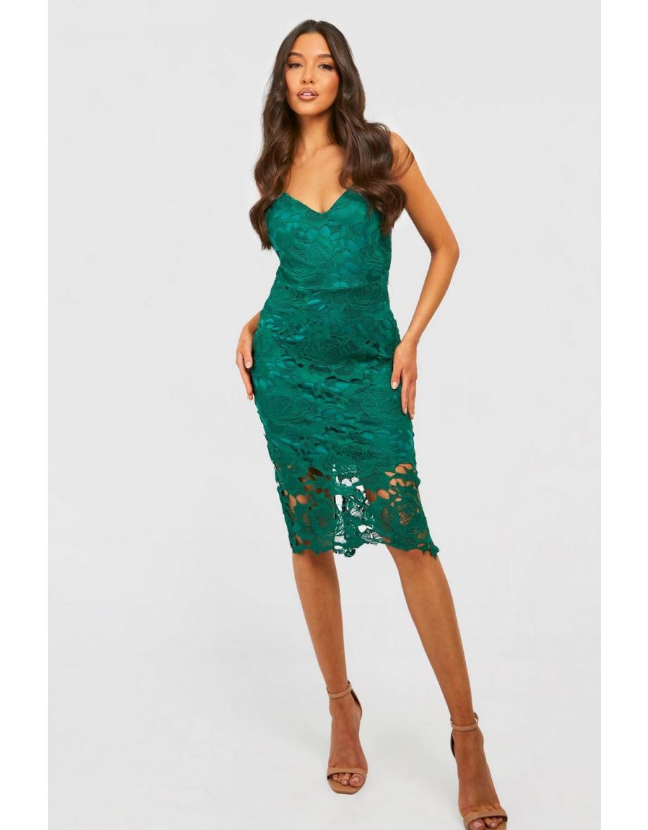 Boutique Crochet Lace Strappy Midi Dress - emerald