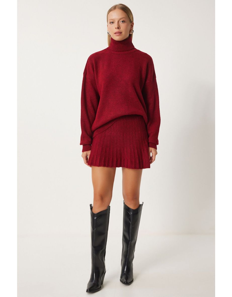 Women's Burgundy Turtleneck Knitwear Sweater Skirt Set