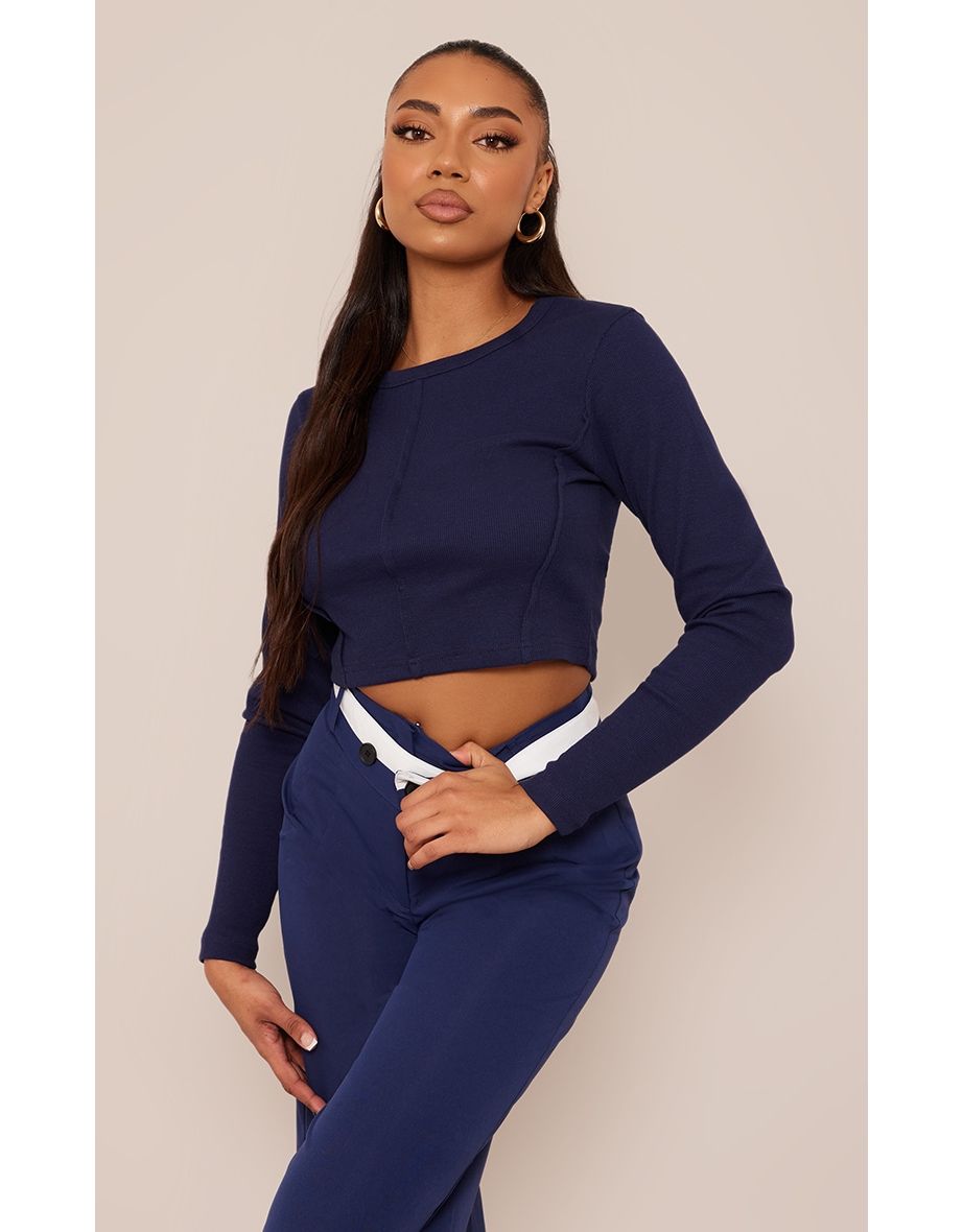 Tall Blue Soft Rib Open Seam Detail Long Sleeve Top