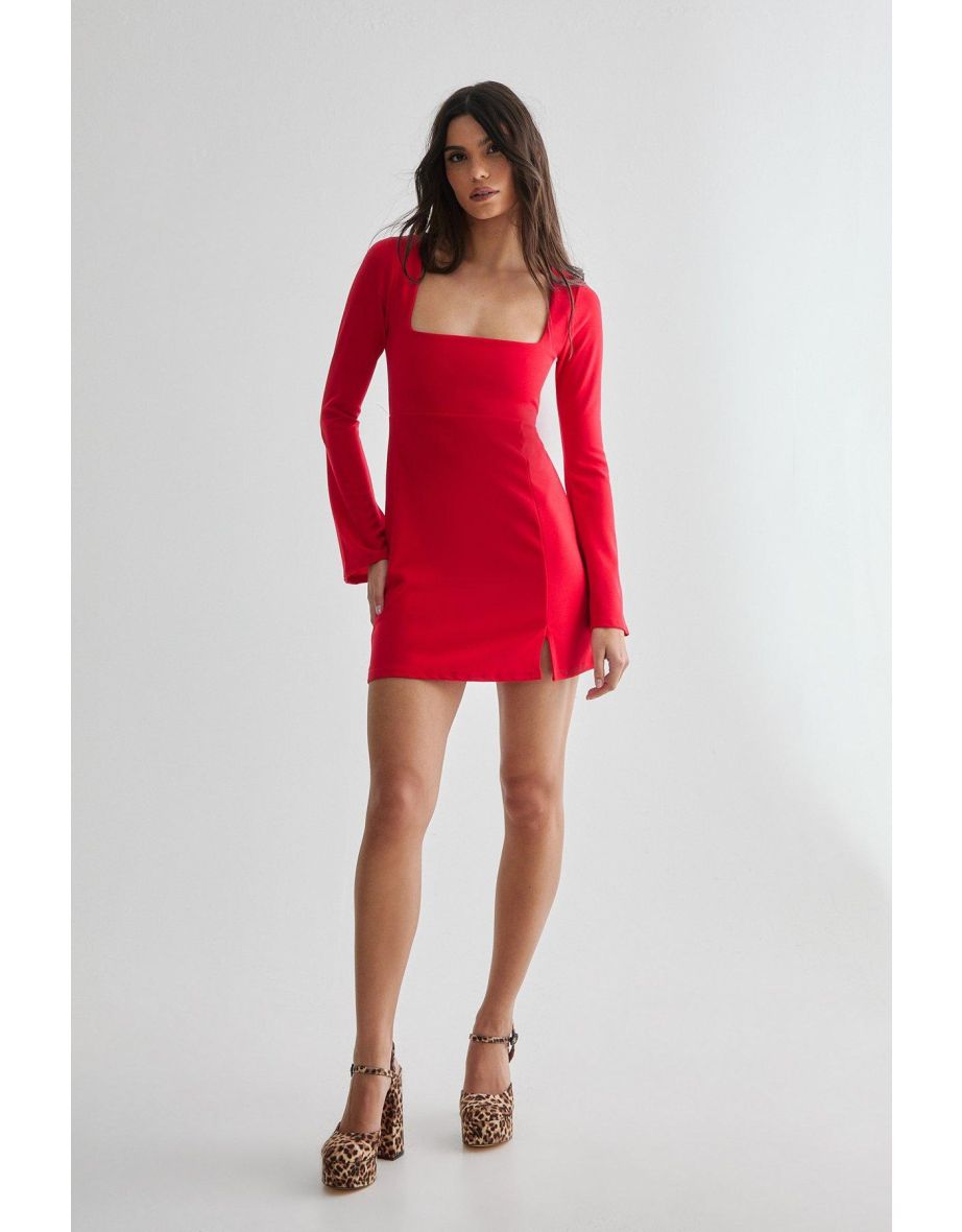 Square Neckline Long Sleeve Mini Dress