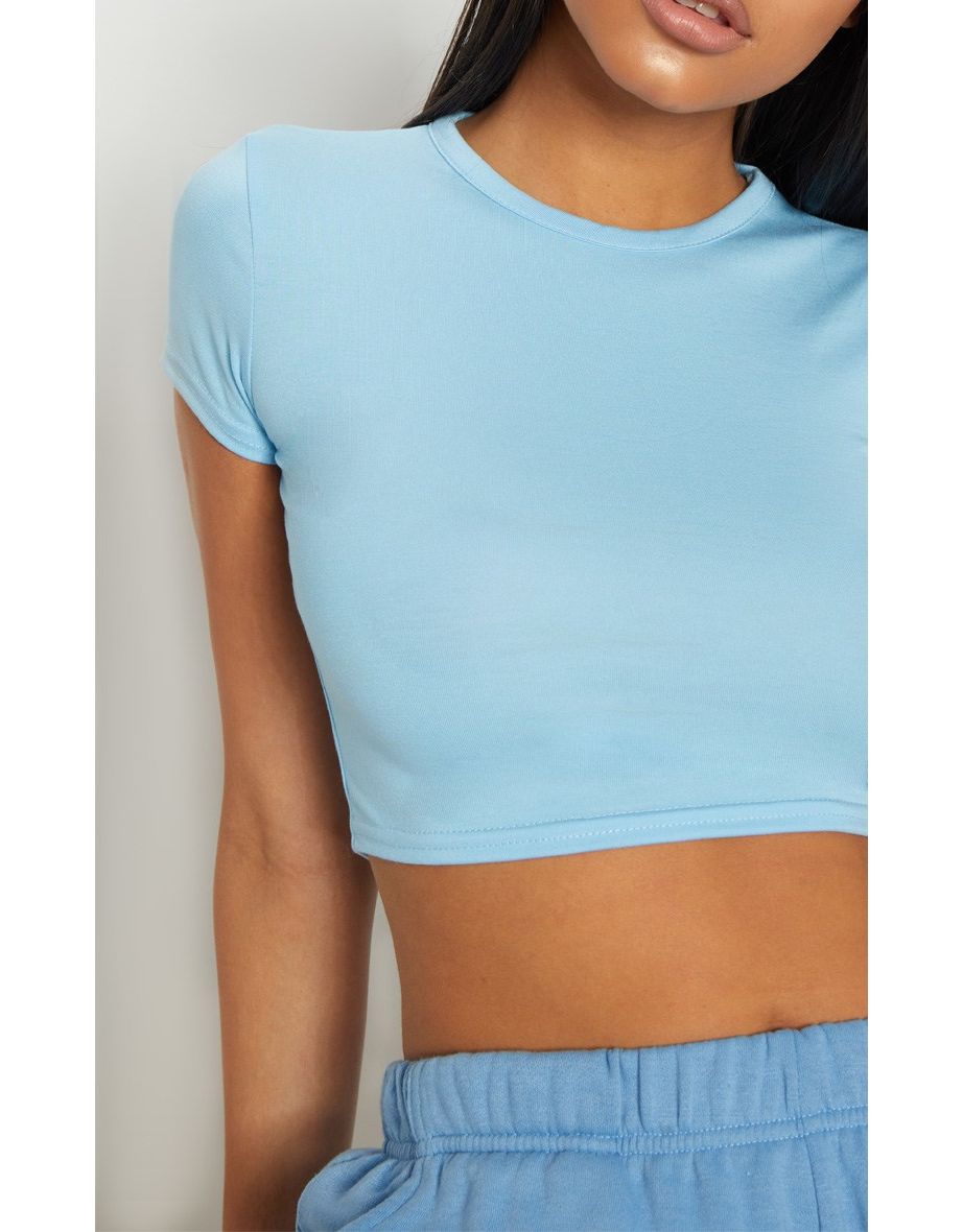 Basic Baby Blue Short Sleeve Crop T Shirt - 4