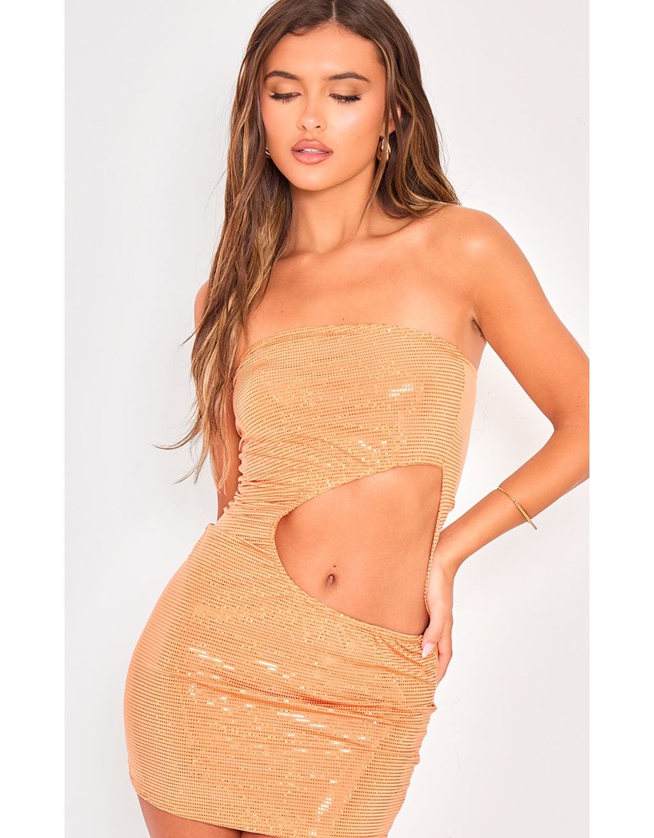 Olive Textured Glitter Bandeau Cut Out Mini Dress - 3