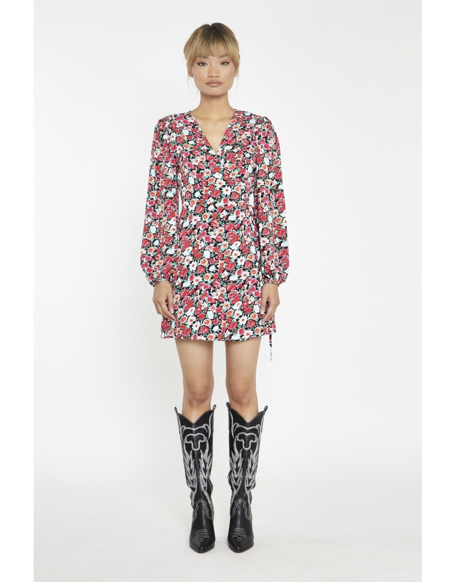 Black-Red 90s-Floral Wrap Mini-Dress