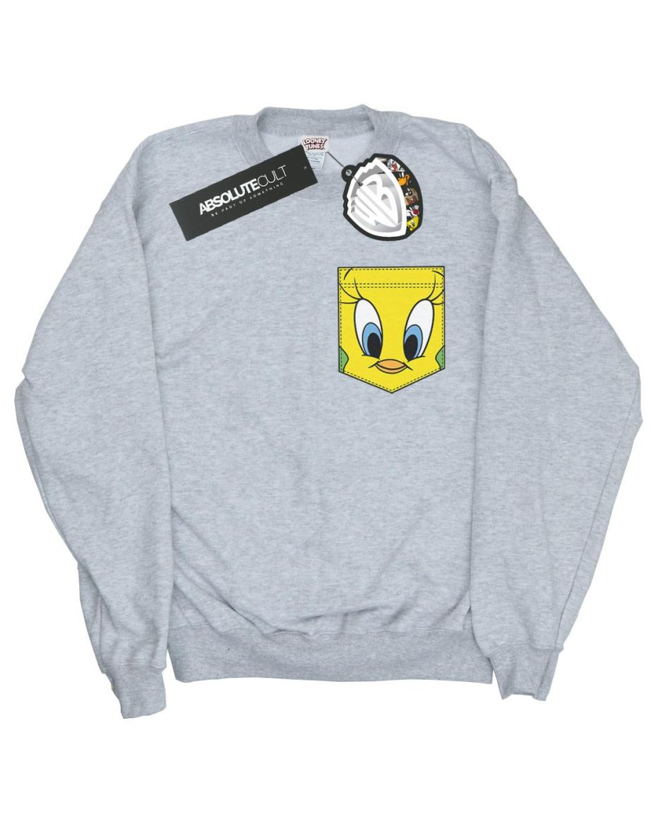 Looney Tunes Girls Tweety Pie Face Faux Pocket Sweatshirt - Sports Grey