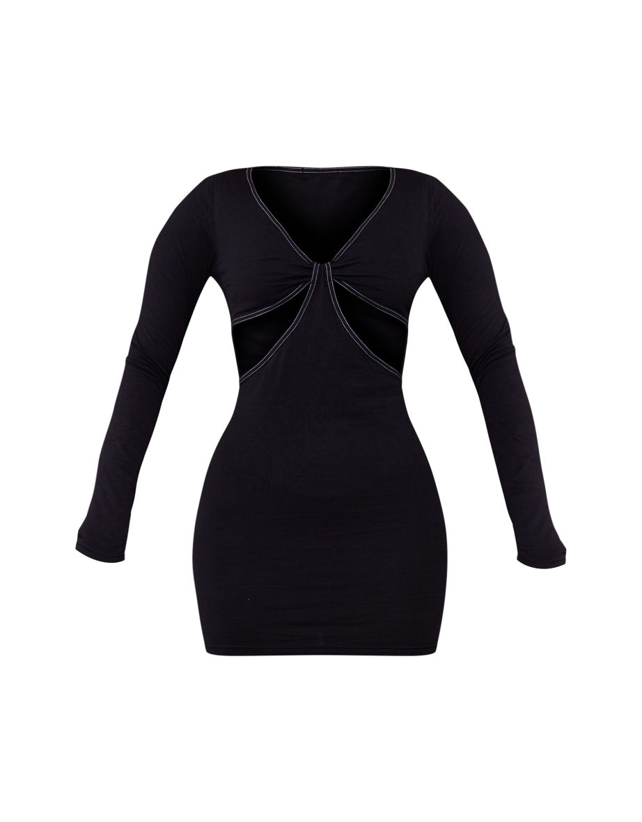 Black Long Sleeve Cut Out Contrast Stitch Bodycon Dress - 4