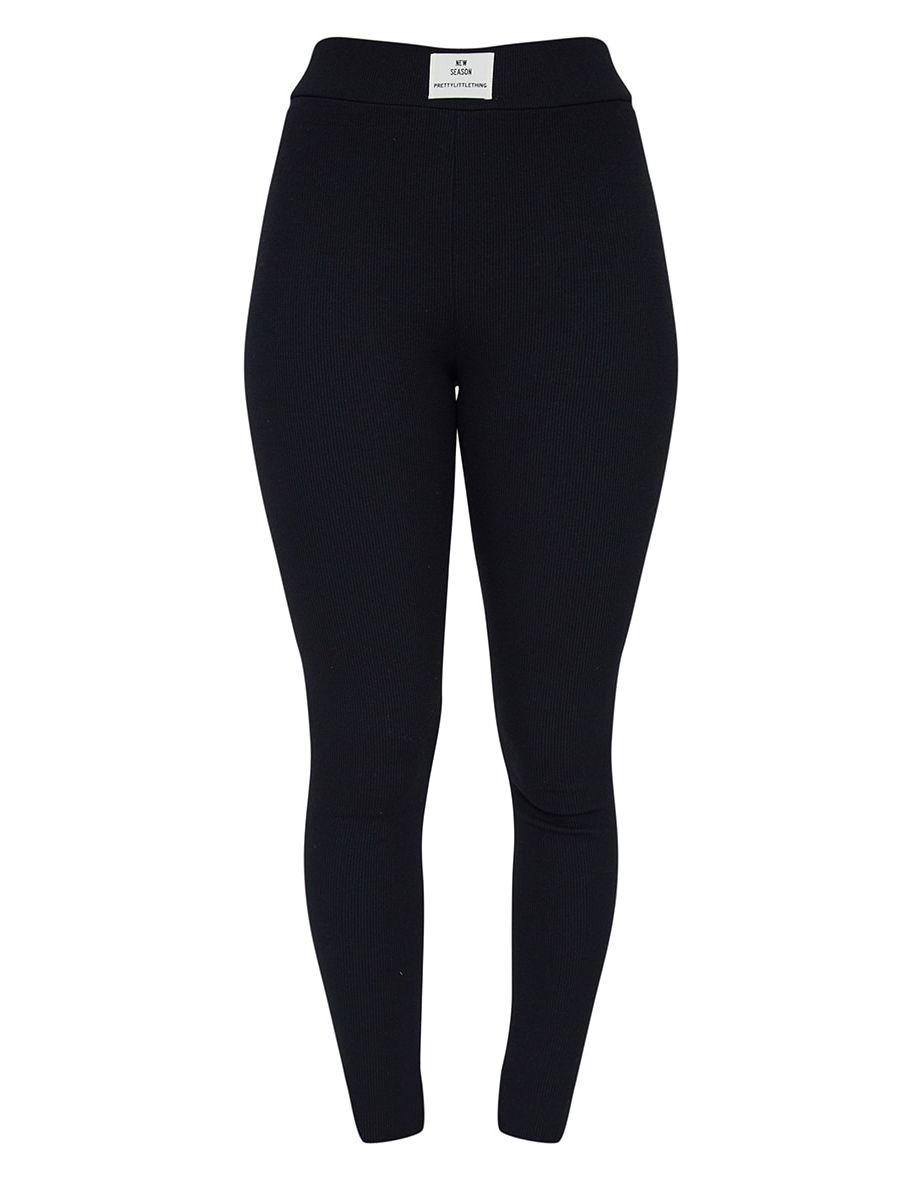 PRETTYLITTLETHING Black Rib New Season Badge Leggings - 4