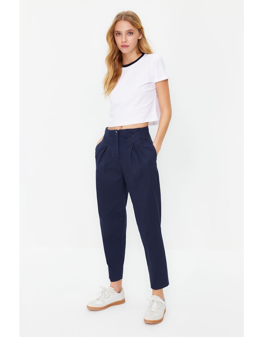 Navy Blue Carrot Woven Striped Trousers