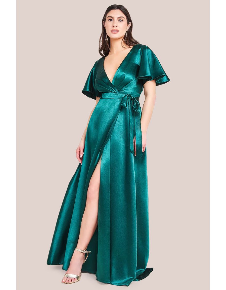 Green Satin A-Line Floor Length Wrap Dress