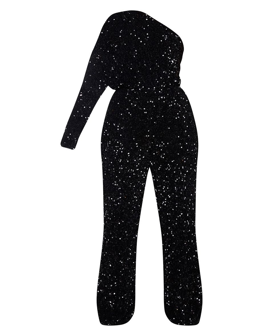 Plus Black Velvet Sequin One Shoulder Wide Leg Jumpsuit - 4