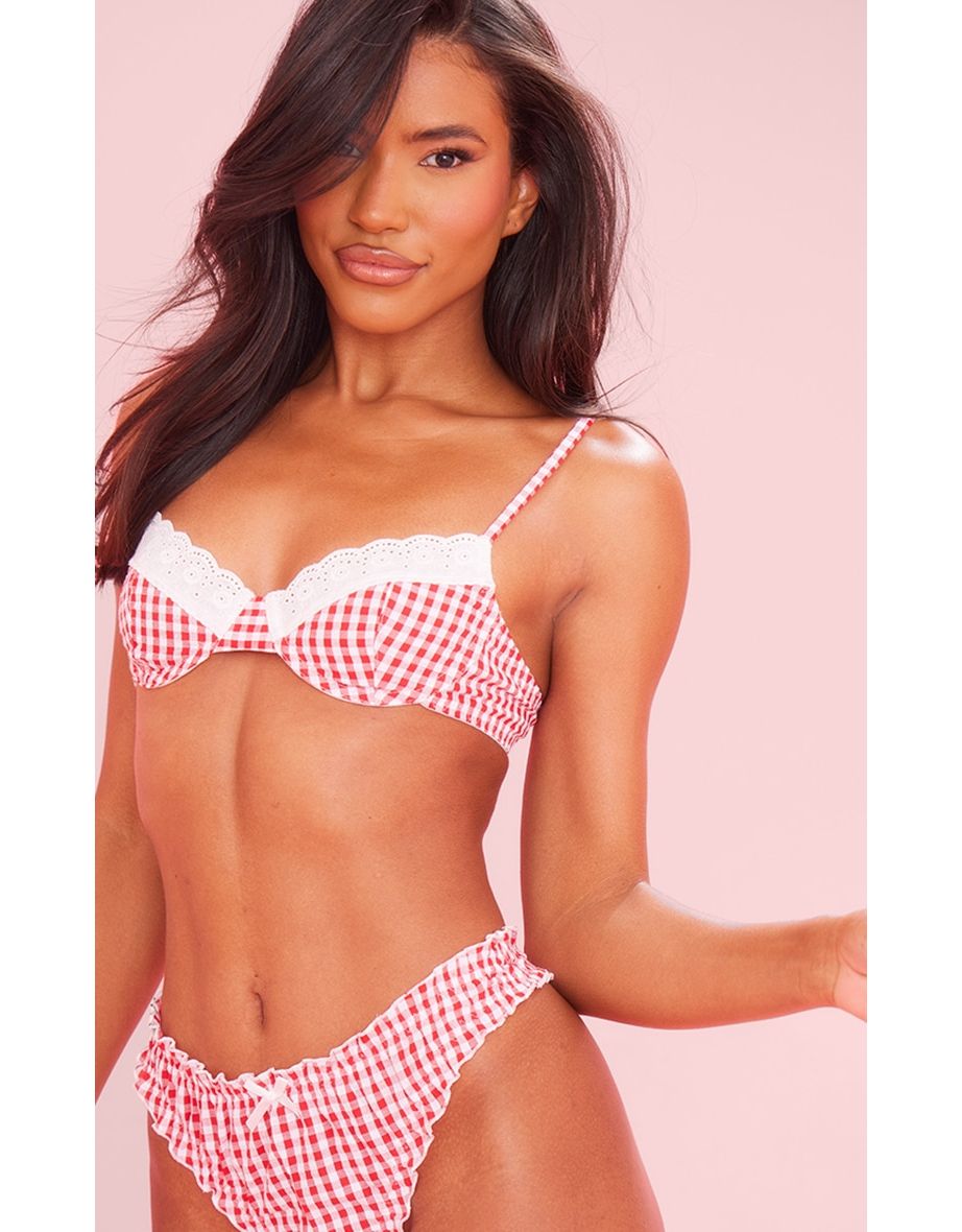 Red Gingham Broderie Underwired Lingerie Set - 3