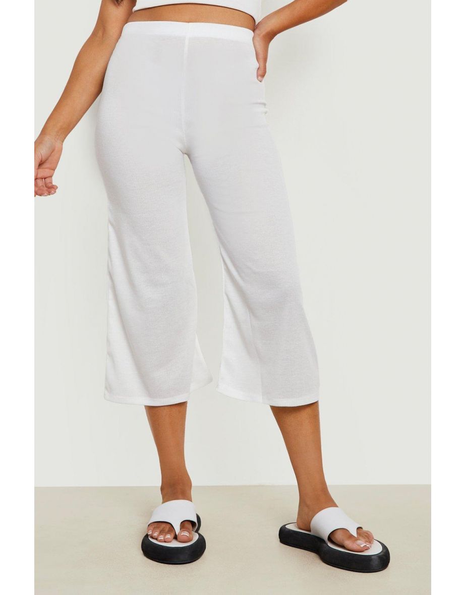 Petite Rib Wide Leg Culottes - white - 3
