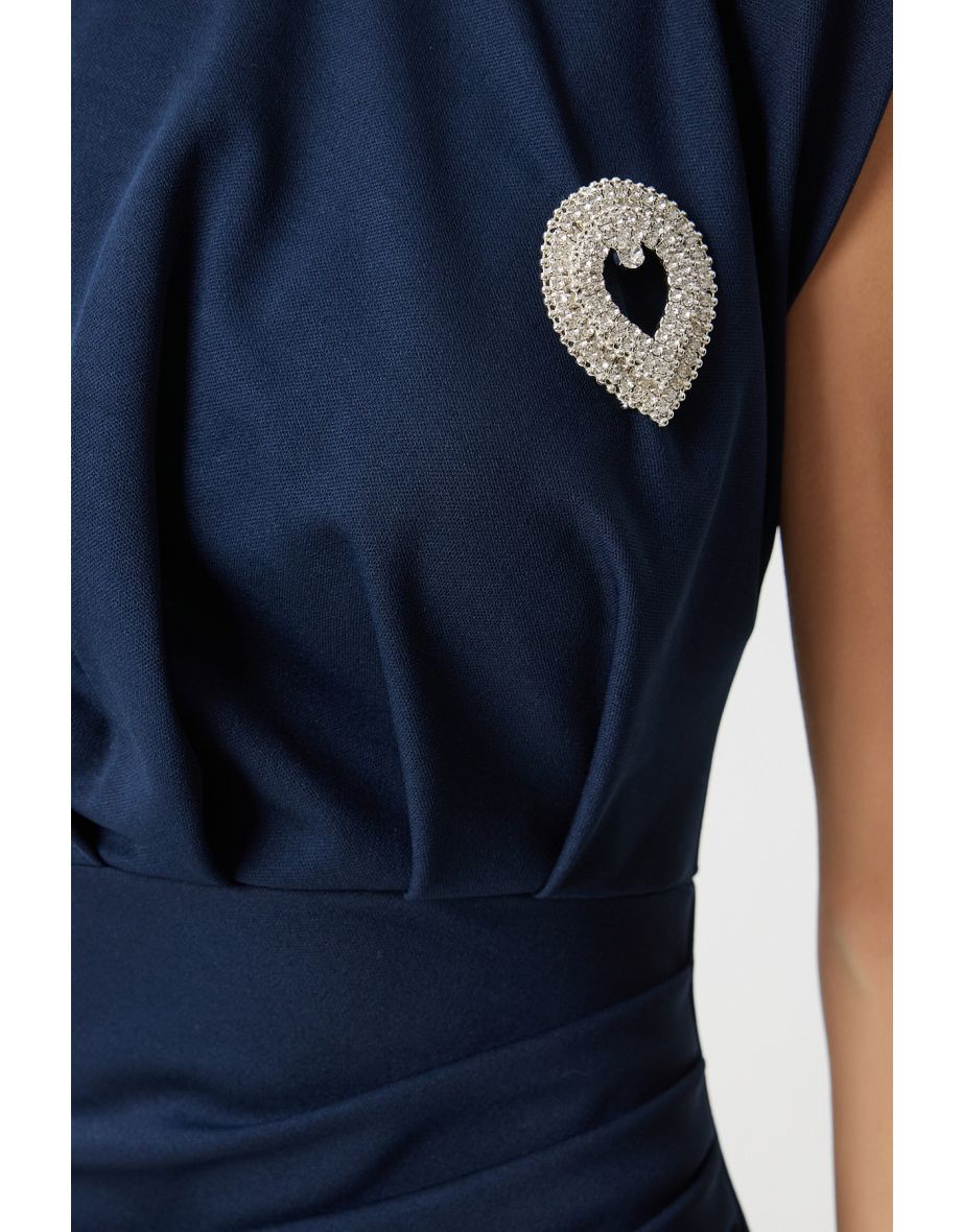 Women's Navy Blue Stylish Brooch Gathered Saran Knitted Dress - 5