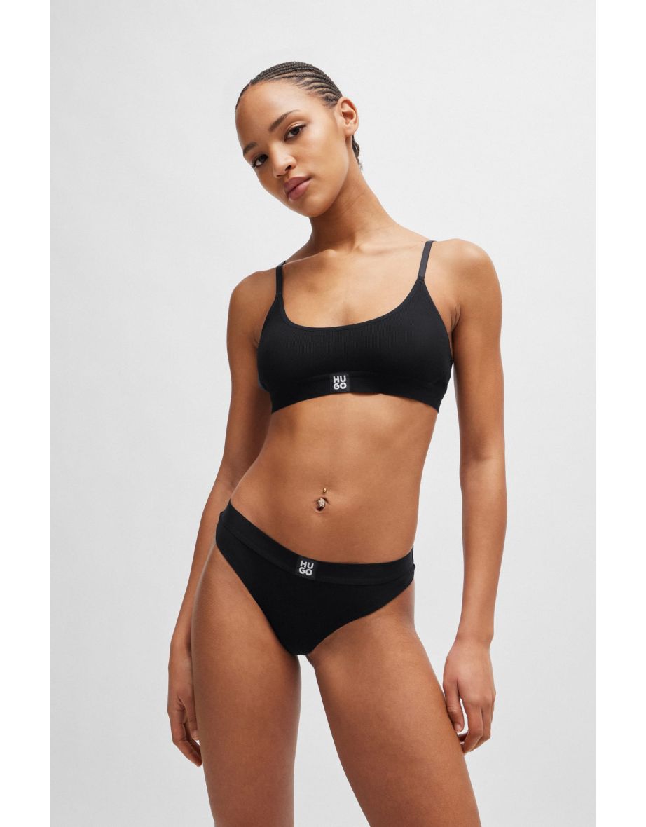 Women's Hugo Stacked Logo Ribbed Thong in Black