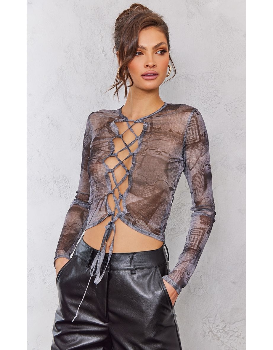 Tall Black Grunge Texture Print Lace Up Front Top
