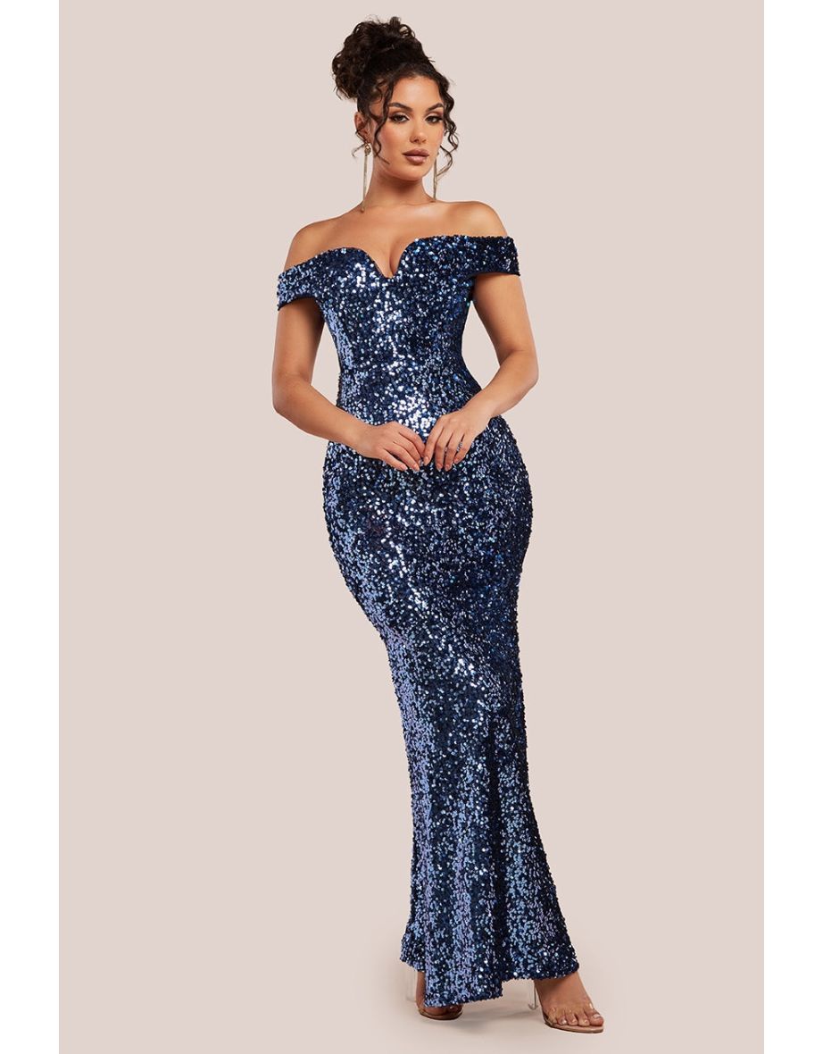 Goddiva Sequin Velvet Bardot Evening Maxi Dress - Midnight Blue
